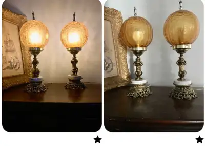Vintage Italian marble Cherub lamps with glass globes, View more
