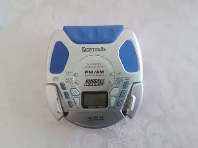 Portable CD player, with AmFm radio, anti skip,I usedit while roller bladding. Runs off two double A...