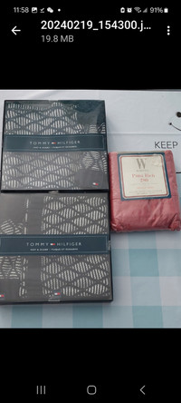 2 sets of new TOMMY scarves  hats. Free New double bed sheets.