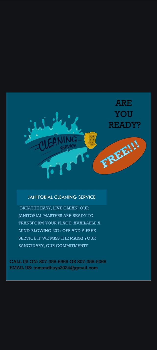 Free Cleaning Service Janitorial in Cleaners & Cleaning in Thunder Bay