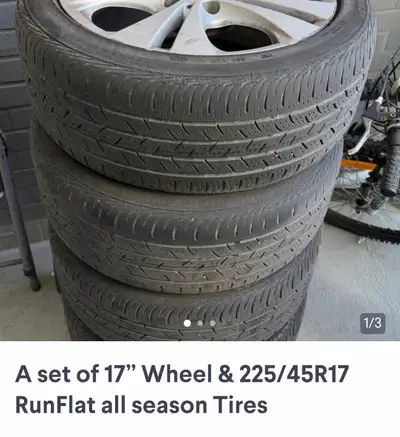 Selling a set of used 17-inch wheels with RunFlat all-season tires, used for a 2018 Mercedes Benz B2...