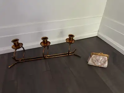 Three-Piece Metal Candelabra and Vintage Beaded Purse, View more