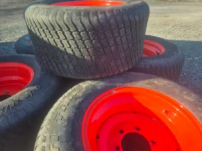 5 turf tires from a kubota tractor for sale,all but 1 hold air,some descent thread left on them. Rim...