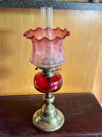 Antique Victorian Oil Lamp /Cranberry Glass Shade And Reservoir