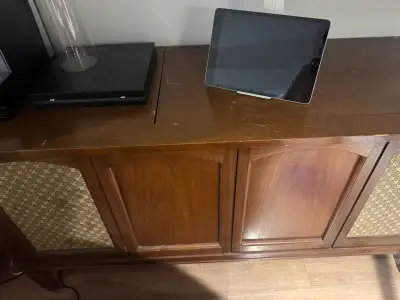 vintage walnut stereo console, View more