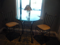 bar height glass table top and 2 chairs