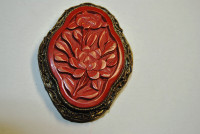 Vintage Chinese Carved Cinnabar Pin Brooch .