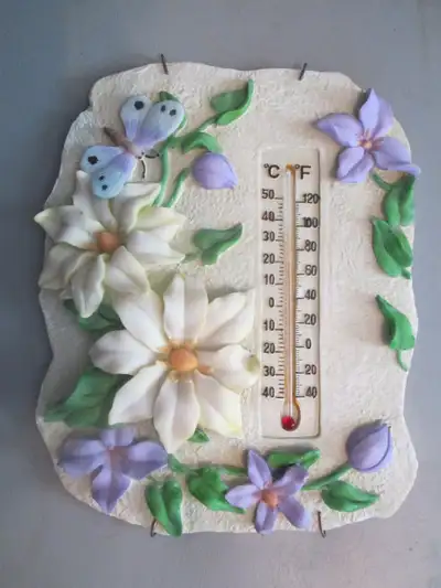 ceramic floral plaque with thermometer., View more