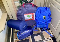 4 Piece Camping SetIncludes: Tent, Sleeping Bag, Air Mattress, a