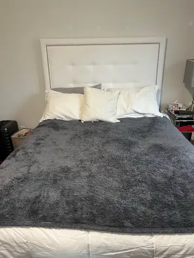 queen bed with white headboard mattress, frame, box spring, View more
