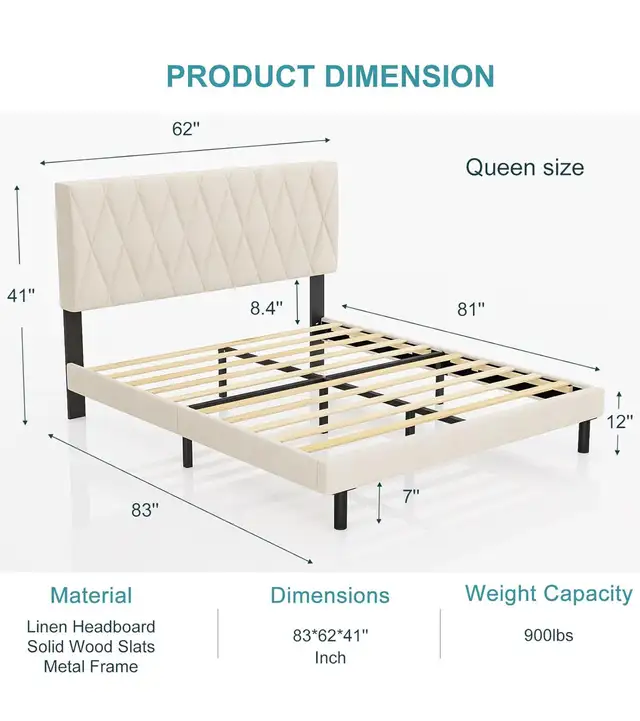 Queen Bed Frames with Upholstered Headboard,Linen Fabric Wrap,St in Beds & Mattresses in Hamilton - Image 2