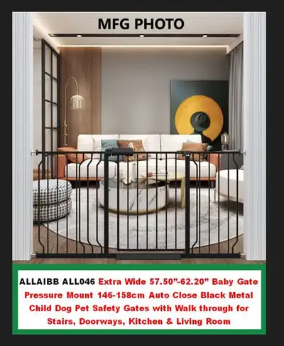 (NEW) Baby Gate Extra Wide 57.5-62.2” Pressure Mount Auto Close, View more