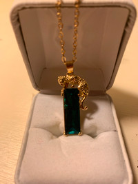 Gold Plated Leopard Chain and lab Created Emerald  Pendant
