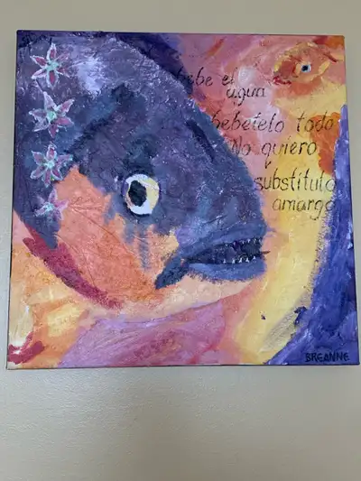 This is a colourful, textured original painting of a fish with Spanish text. The artist's name, Brea...