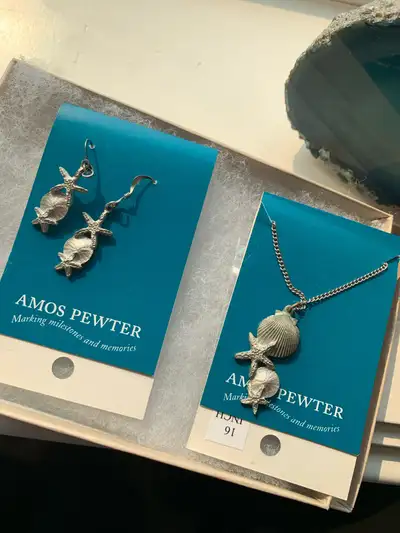 Amos Pewter east coast Canada New earrings and necklace In box Shells and starfish silver dollar mot...