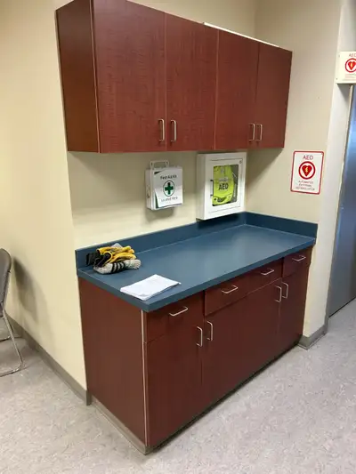 Cabinets are salvaged from a commercial office kitchen. The longer countertop is not available, nor...