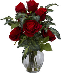 Nearly Natural Rose with Fern Silk Flower Arrangement, Red