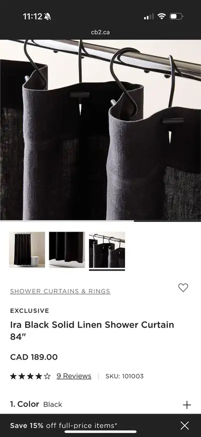 CB2 - new black linen shower curtain - 72" × 84", View more