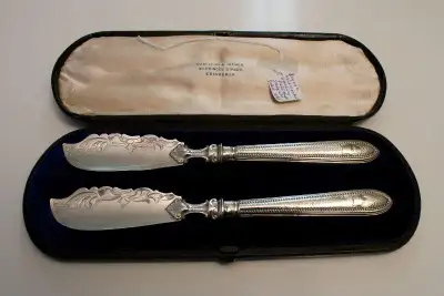 antique sterling silver  tableware, fish servers and butter kniv, View more