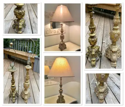 ⭐️2 gilded antique wood alter pricket candlesticks made to lamps, View more
