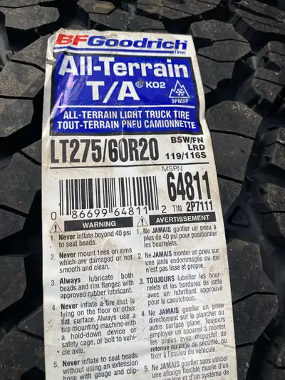 4 brand new LT275/60R20 BF Goodrich tires, still have the stickers was going to put on my truck but...