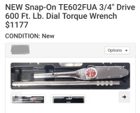 New SNAP-ON Te602fua 3/4 drive 600 foot pounds dial wrench