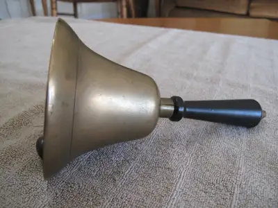 ANTIQUE VINTAGE hand-held BRASS SCHOOL BELL 7 3/4" TALL, View more
