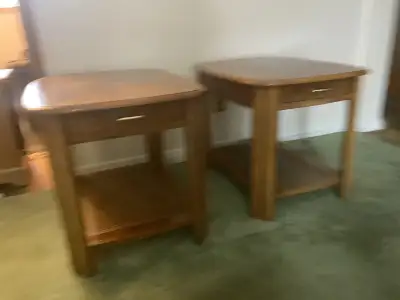 Pair of Solid Wood End Tables with Cane SHELF AND DRAWERS, View more