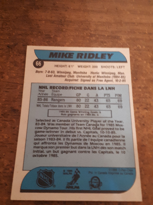 1986-87 O-Pee-Chee Hockey Mike Ridley Rookie Card #66 in Arts & Collectibles in Chatham-Kent - Image 2