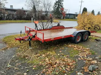 Trailer deck is 18 foot 83inch between fenders ramps are 7 foot long steel and has a good spare tire...