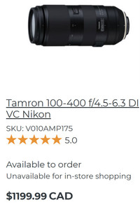 Tamron 100-400 f-4.5-6.3 VI DC USD Zoom Lens for Nikon DSLR