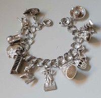 Vintage Sterling Silver Charm Bracelet with 15 Charms - 7 inches