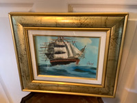 Vtg Oil Painting  Double Framed Behind Glass by Artist Gray