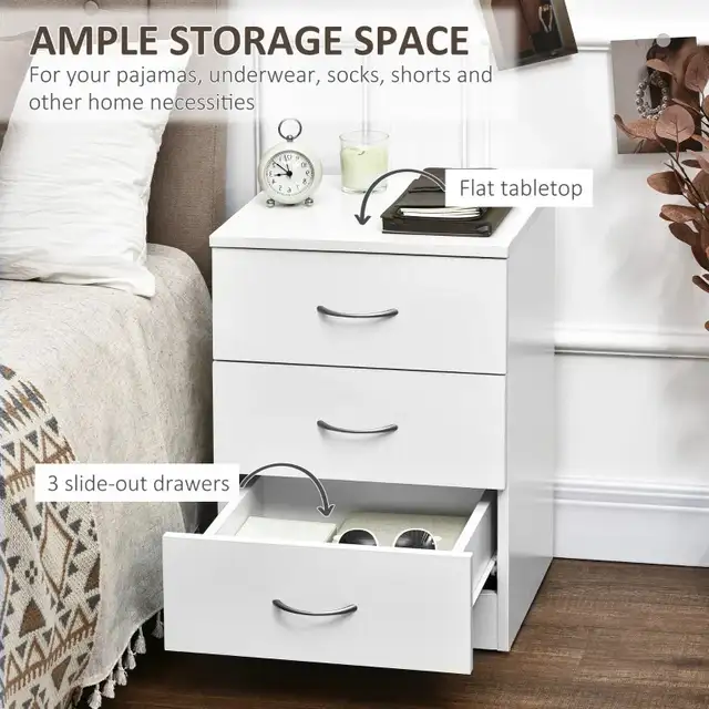 White Bedside Table with 3 Drawers, Modern Wood Nightstand in Dressers & Wardrobes in Markham / York Region - Image 4