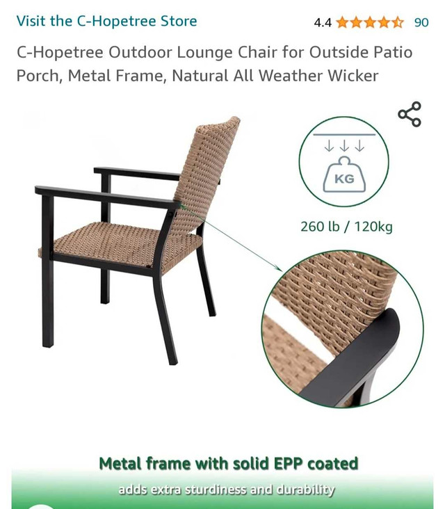 C-Hopetree Outdoor Chair for Outside Patio Porch, in Patio & Garden Furniture in City of Toronto - Image 4