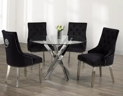 DESIGNER DINING TABLE WITH 4 LION KNOCKER VELVET CHAIRS SET., View more