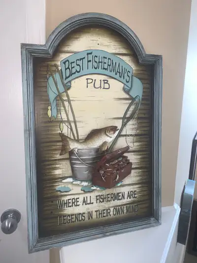 Vintage Best Fisherman's Pub wood bar sign excellent condition 3d sign features fish, bucket, tackle...