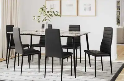 60" LONG- MARBLE LOOK DINING TABLE WITH 6 LEATHER CHAIRS, View more