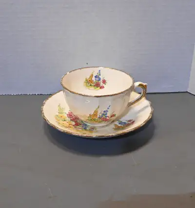 SIX Vtg Sovereign Potters Holly Hock Tea Cup and Saucer Sets, View more