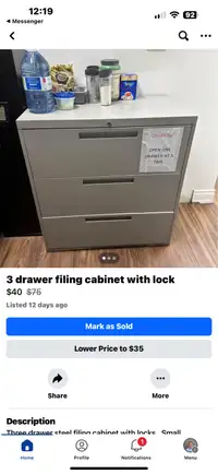 Three drawer steel filing cabinet with lock and keys 