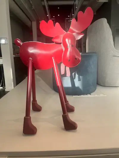 9.5" METAL MOOSE W/WOODEN FEET, LARGE ANTLERS & GINGHAM SCARF, View more