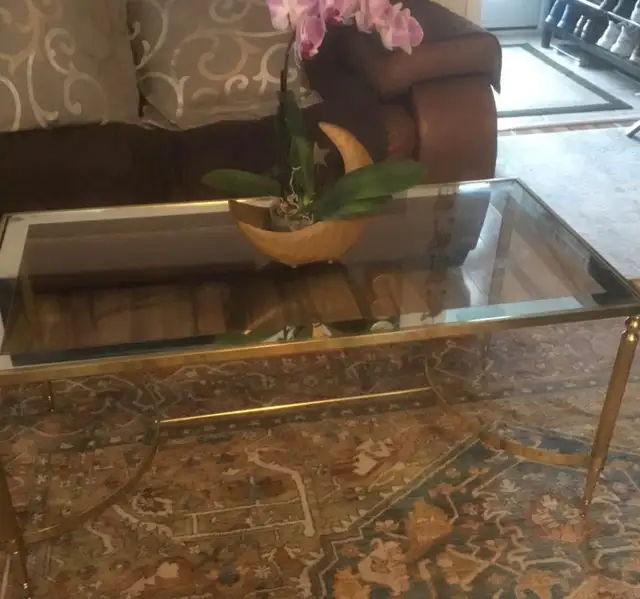 Gold coffee table with glass top L 39” X H 18” X D 19.5”63782599614721122