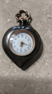 Antique Gun Metal Heart Shaped Pocket Watch and chain 