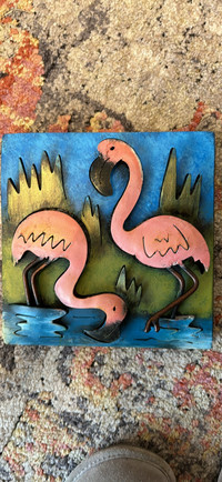 Two tropical Mexican metal square art - flamingoes and pelican 