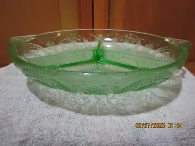Depression glass, green, three section condiment dish. Asking $10