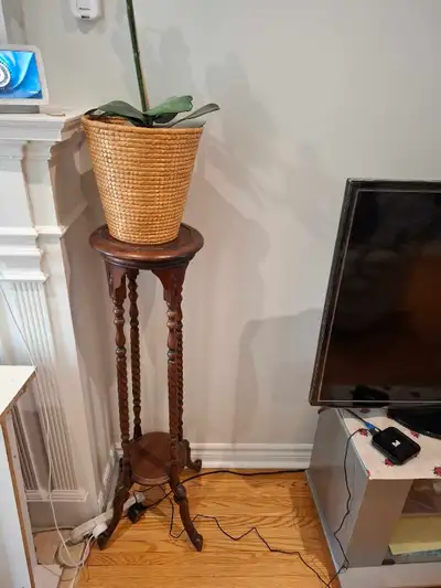 This elegant plant stand, with its spiraled wood legs, is a charming addition to any room. The stand...