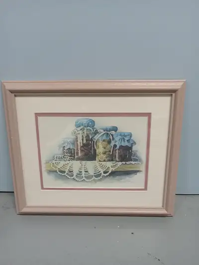 PICTURE OF CANNING JARS WITH FOOD ON SHELF WITH PINKISH FRAME, View more