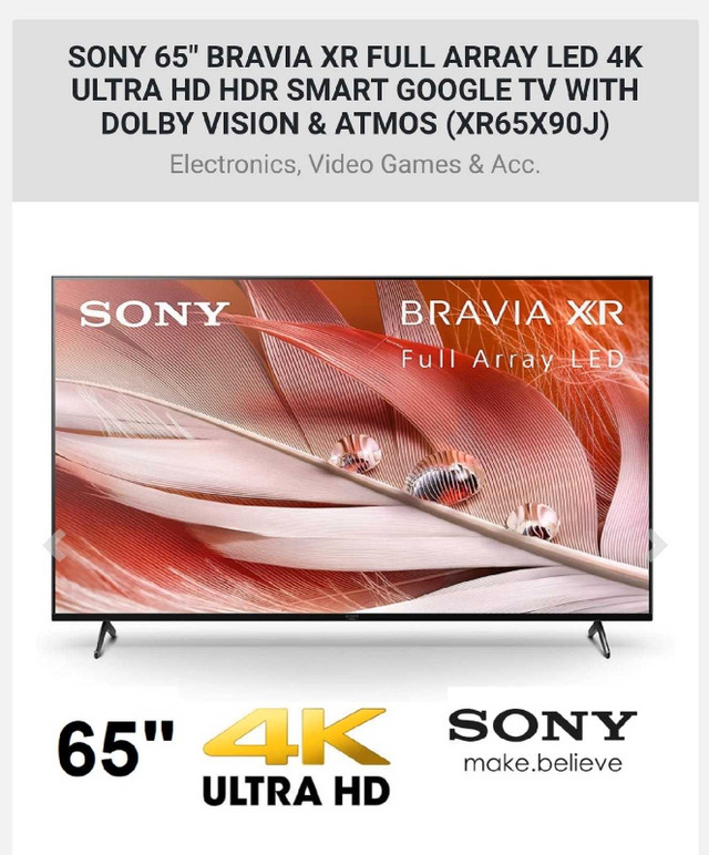 SONY 65" BRAVIA XR FULL ARRAY LED 4K ULTRA HD HDR SMART GOOGLE T in TVs in Oshawa / Durham Region
