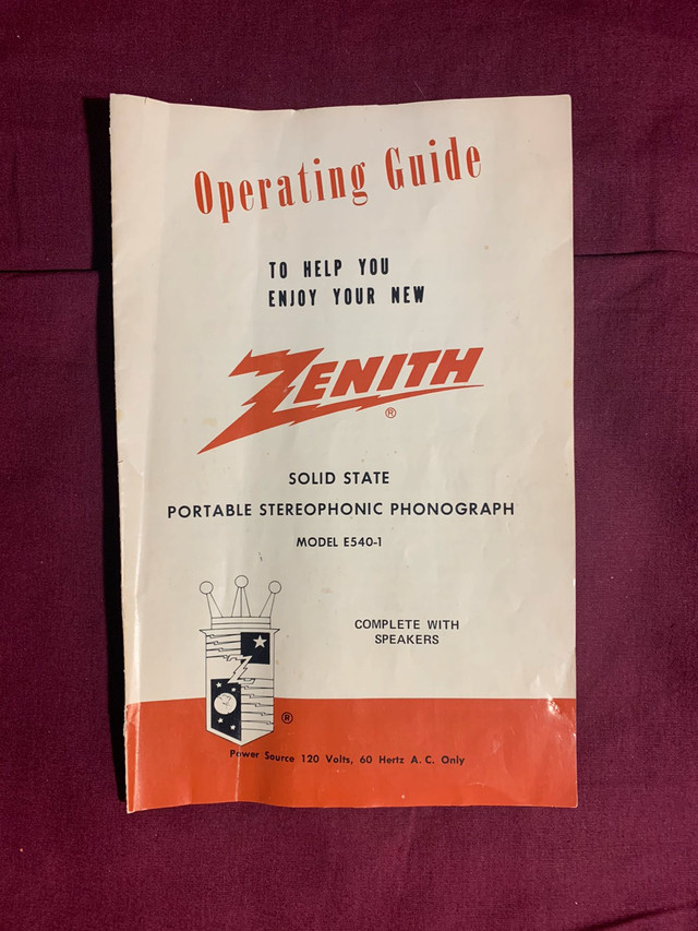 Zenith - Operating Guide (Stereophonic Phonograph Model E540-1) in Arts & Collectibles in Mississauga / Peel Region