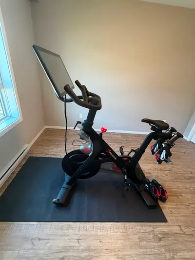 Gently used peloton bike. Comes with size 39 and size 44 shoes. 3lbs weights and floor mat included....